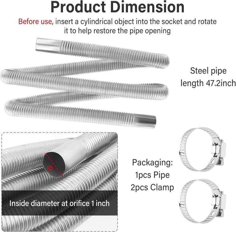 Stacool 47.2" Diesel Heater Exhaust Pipe,1" ID Stainless Steel Flexible Exhaust Tubing with 2 Hose Clamps,Universal Exhaust Hose Kit Diesel Heater Accessories for Diesel Air Heater (47.2") - Image 2